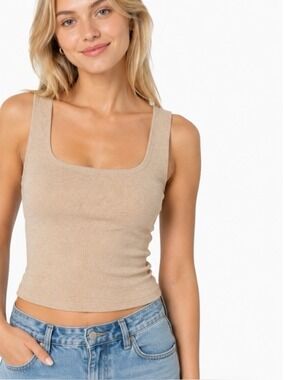 American Eagle Beige Ribbed Square Neck Tank Top small